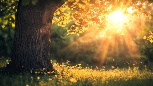 Golden Sunlight Shining Through Tree Leaves in Tranquil Nature Scene.