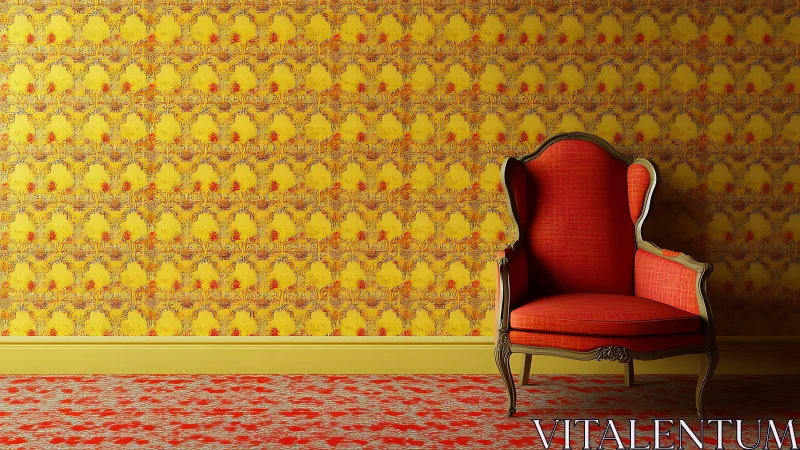 Ornate red armchair contrasts with patterned yellow room decor.