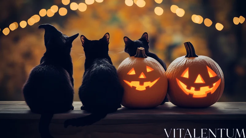 Three Black Cats and Glowing Jack-O'-Lanterns in Magical Moonlight.