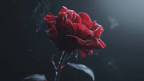 Cinematic close-up of a dewy red rose in dramatic backlight