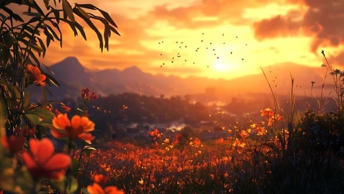 Sunset over distant hills and foreground wildflower meadow.