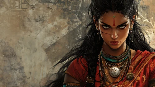 Fierce warrior woman stares forward in ornate red attire