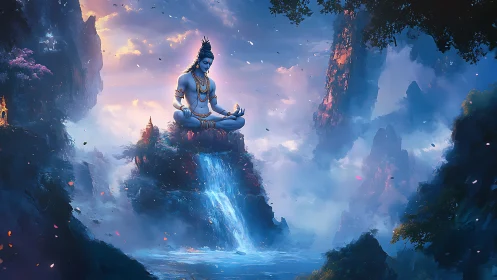 Meditating deity levitates above cascading waterfall in ethereal sky