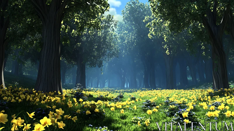 Forest Avenue with Yellow Flowers Under Dappled Light.