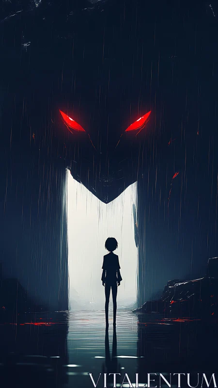 Lone child faces a towering shadow with fiery red eyes.