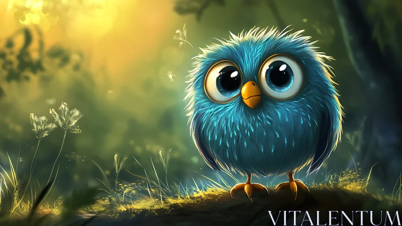 Adorable Blue Cartoon Owl with Big Eyes in Enchanted Forest.