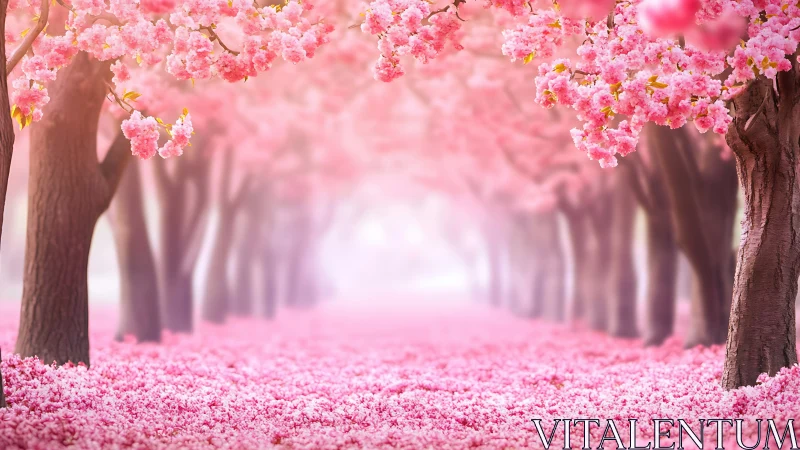 Cherry blossom tree tunnel with dense pink flower canopy.