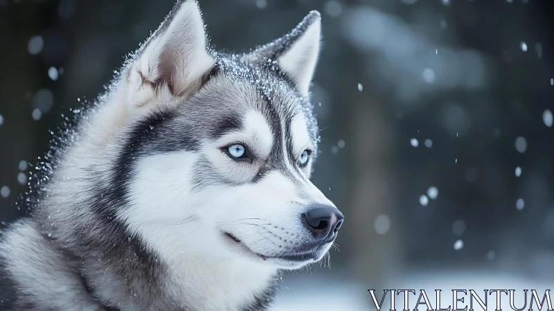 Snow‑dusted husky sentinel with glacial blue gaze poised.