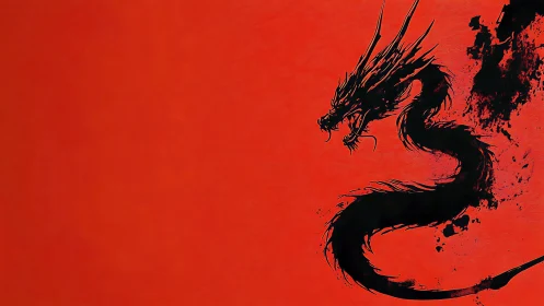 Abstract ink dragon silhouette coils against saturated red field