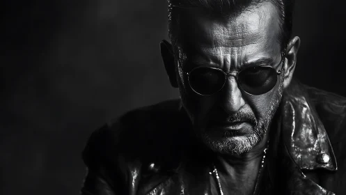 Monochrome portrait of middle aged man in sunglasses.