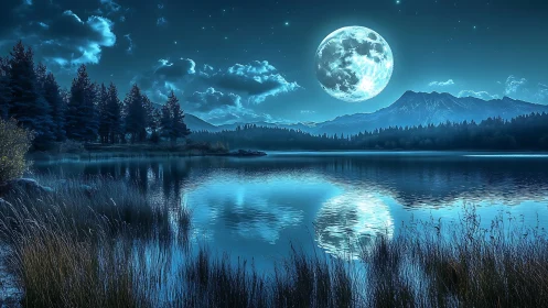 Lunar-lit alpine lake with mirrored moon reflection, digital painting.