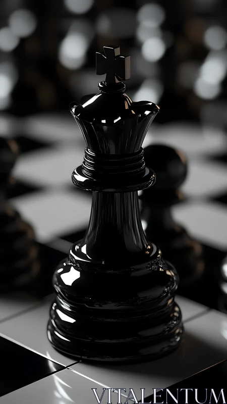 Glossy black chess king poised on a dramatic board.
