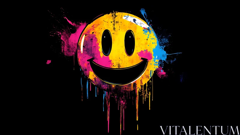 Neon smiley face melts into wild splashes of urban color.