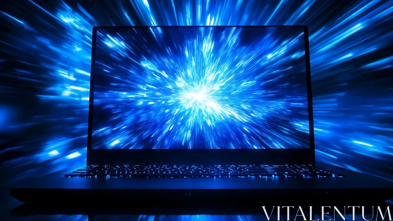 High-speed digital laptop portal with radiant blue data burst.