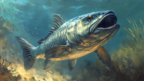 Large predatory fish swims close to seabed vegetation