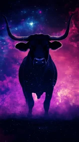 Silhouetted longhorn bull stands against neon cosmic nebula