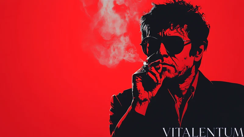 Silhouette of man smoking against flat red background.