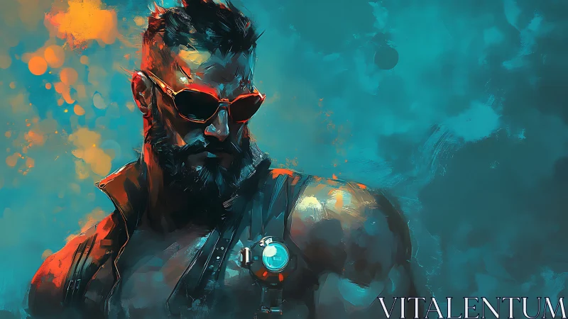 Bearded man with cyberpunk goggles stands in teal haze
