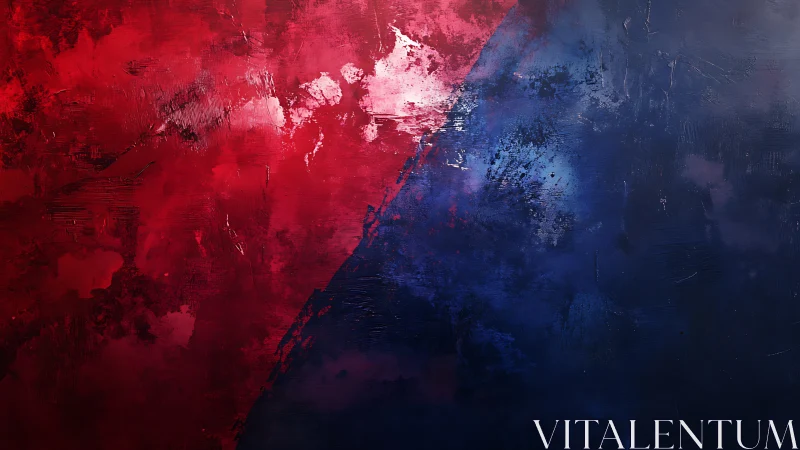 Diagonal red blue abstract field with textured impasto contrast.