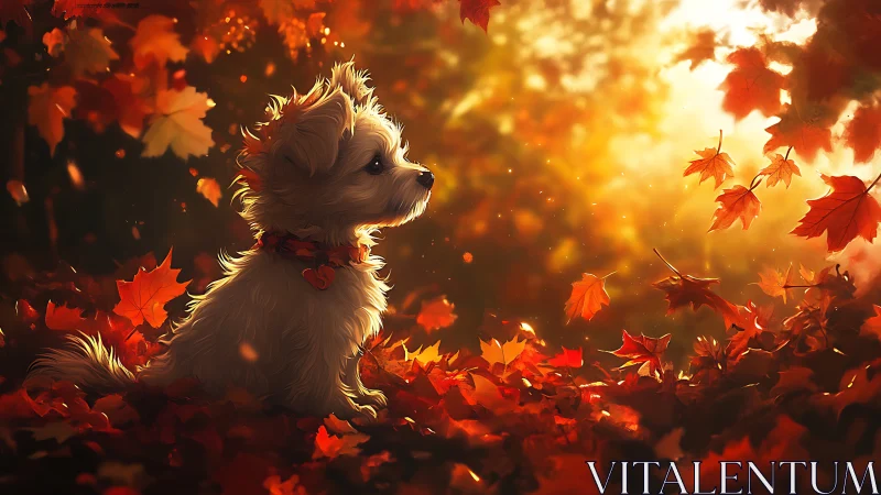 Backlit puppy studies warm rim lighting in drifting autumn leaves