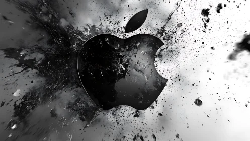 Shattering monochrome tech emblem in a storm of digital dust.