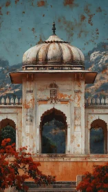 Weathered domed pavilion amid mountains and rusted patina.