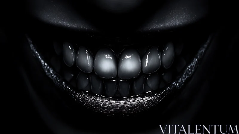 Close-up sinister smile shows reflective teeth in darkness
