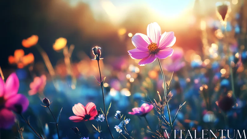 Golden Hour Cosmos Blooming With Pink Flowers.