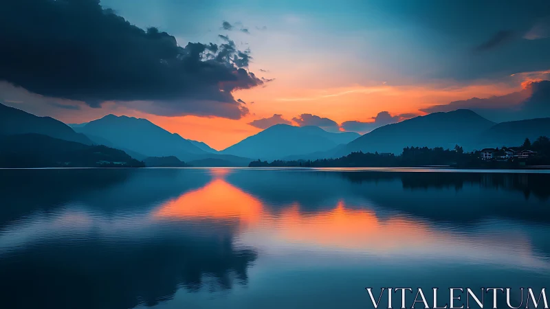 Twilight mountains cradle a lake of mirrored ember skies.