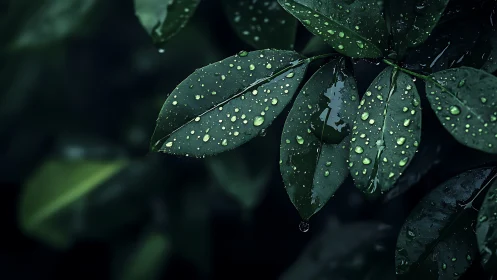 Raindrops cling to deep green leaves in tranquil shadow