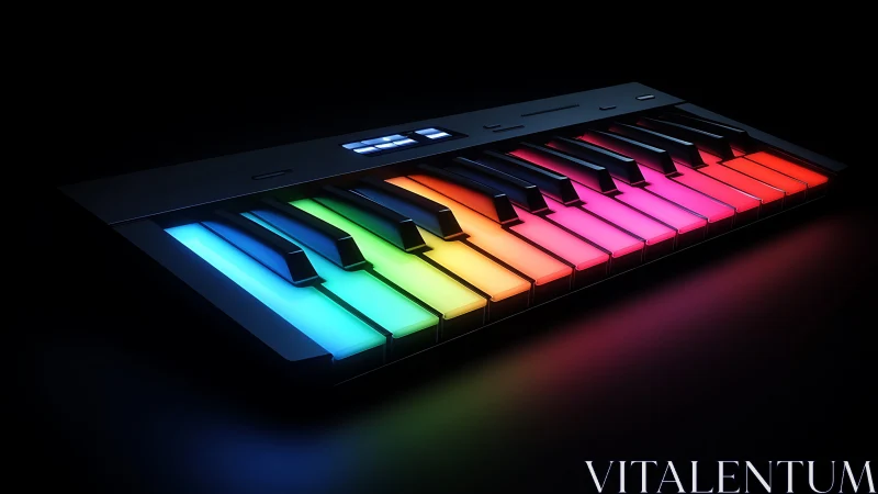 Rainbow-lit MIDI keyboard in dramatic studio darkness.