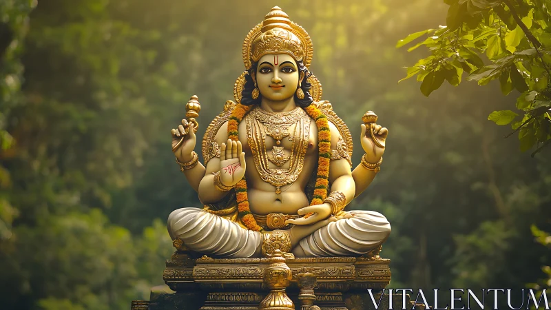 Golden Hindu deity statue seated in lush forest setting.