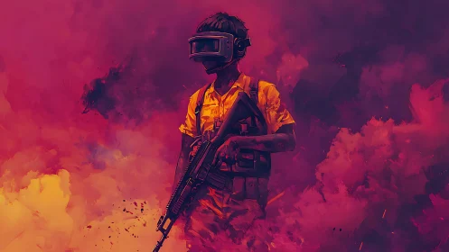VR soldier stands in neon smoke, merging war and simulation