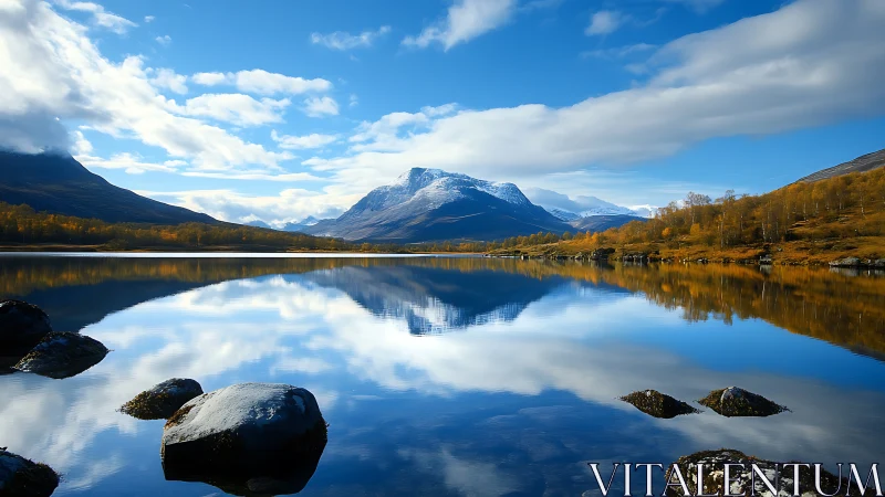 Symmetric alpine lake reflection with snowcapped massif focus.