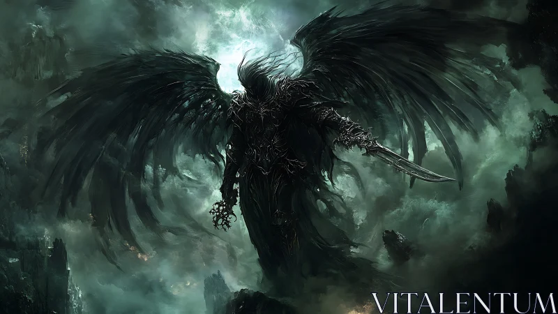 Winged abyssal entity dominates storm-torn, monochrome void