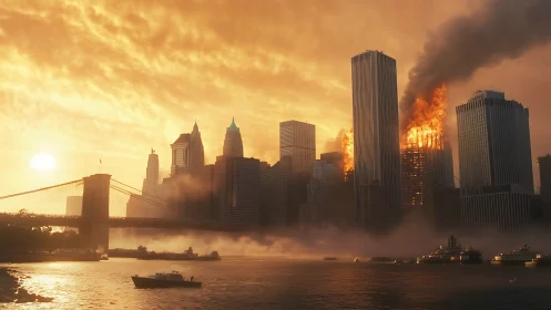 Fiery skyscraper engulfs a foggy city skyline at sunset