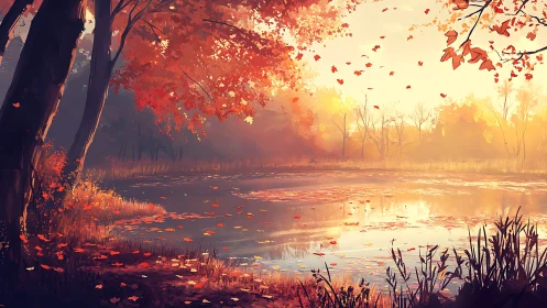 Autumn lakeside grove rendered in warm cinematic backlight.