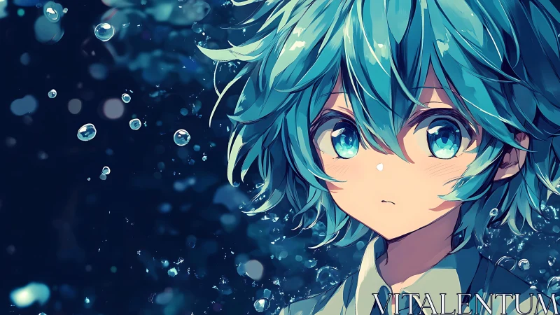 Aqueous teal-haired anime portrait with refractive droplets.
