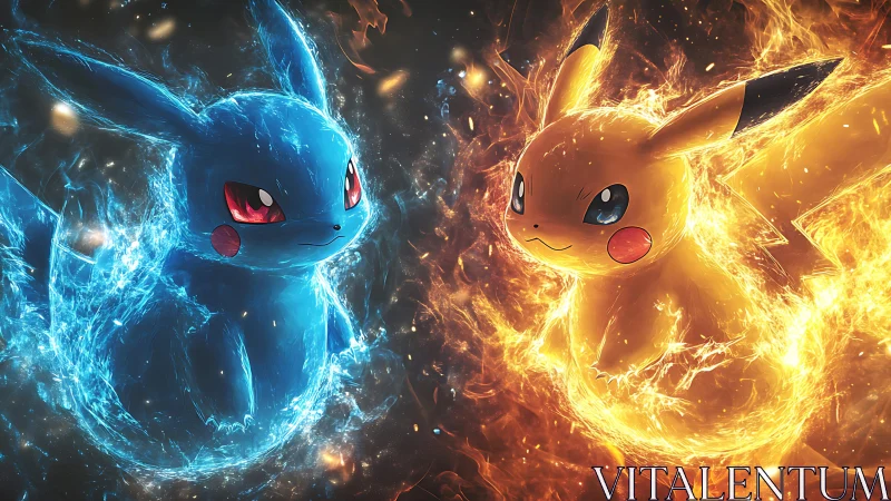 Elemental dual Pikachu in high-energy digital painting composition.