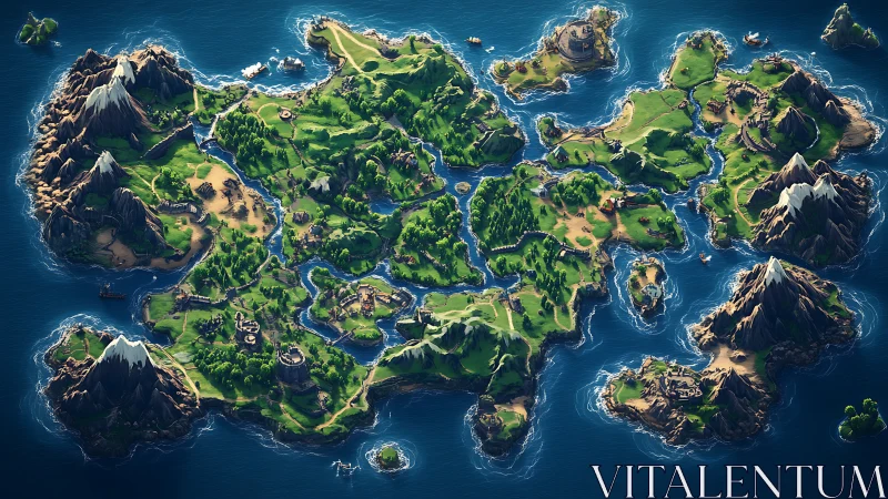 Fantasy Archipelago Map with Snow-Capped Mountains.