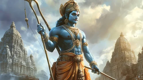 Divine blue archer amid towering stone temples at dawn.