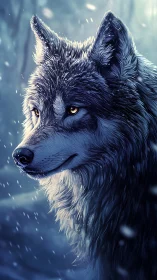 Snowlit wolf gazes softly through a calm winter evening