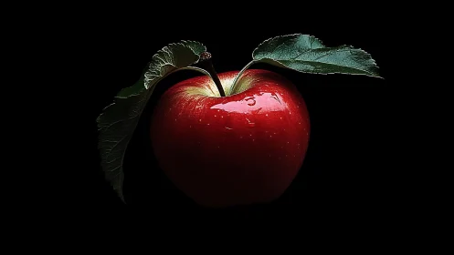 Midnight spotlight crowns a crimson apple with dew-kissed leaves.