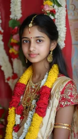 Traditional Indian Portrait with Festival Jewelry and Floral Garlands.