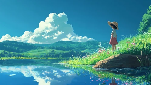 Anime landscape study with reflective lakeside composition.