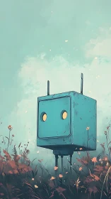 Boxy teal robot standing in wildflower field at dusk.