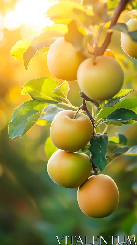 Sunlit yellow plums ripen on branch in warm morning orchard
