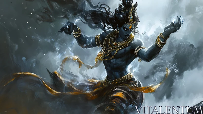 Mythic blue-skinned figure in dynamic swirling motion.
