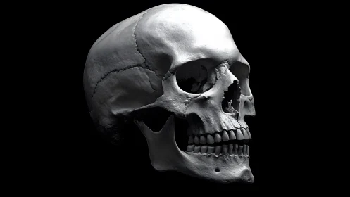 Realistic human skull in dramatic lighting, photorealistic style.