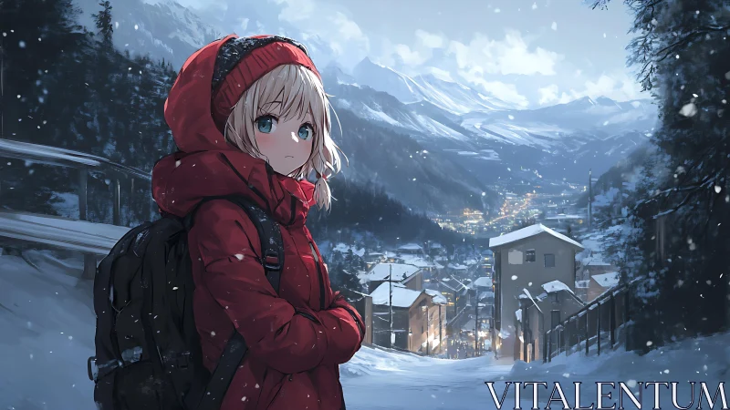 Girl in red coat stands above illuminated winter valley